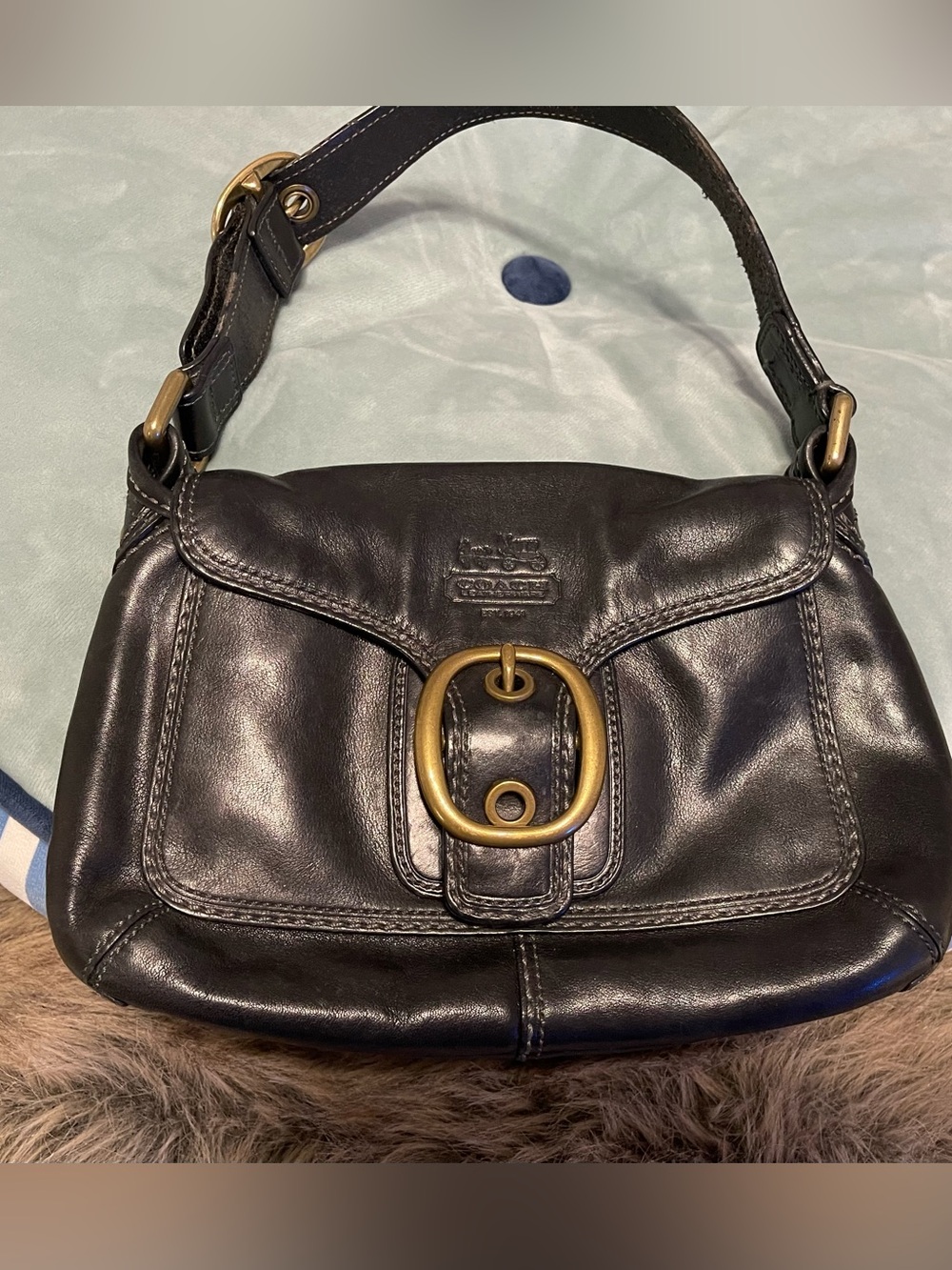 Coach black leather buckle hand bag plaid interior